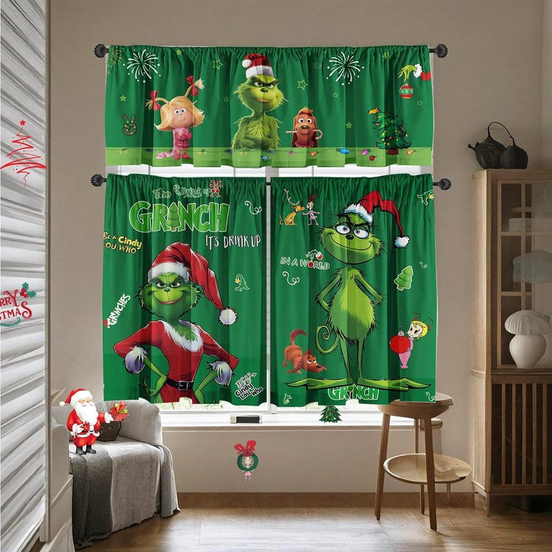 SUNWISHA Christmas Curtain Valance Set - Green Funky Whimsical Holiday Scene with Puppies/Stars/Lights - Playful Kitchen/Bedroom Decor - Upper & Lower Curtains, 52'' L x 18'' W & 36'' L x 26'' W - Image 3